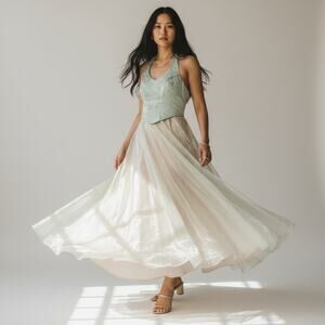 Vintage 90s Sage Green Floral‎ Embroidered Halter Gown
